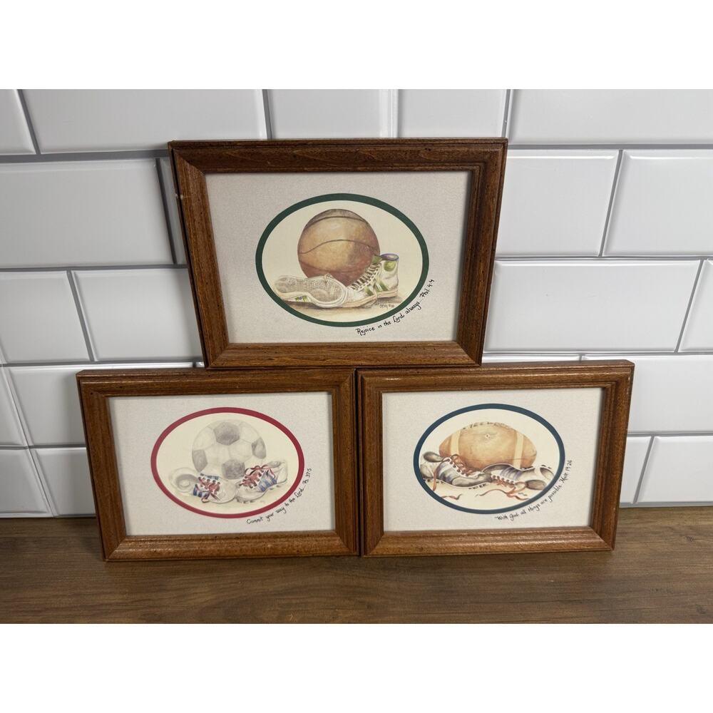 Vintage Casey Sports Themed Bible Verse Wall Art Three Piece Set. Wood Framed.